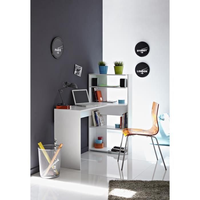 Parisot JUNIO Escritorio Esquinero Aglomerado Blanco Contemporáneo con Bandeja y 2 Estantes L 122 x P 64 x H 121 cm 2 Parisot JUNIO Escritorio Esquinero Aglomerado Blanco Contemporáneo con Bandeja y 2 Estantes L 122 x P 64 x H 121 cm 2