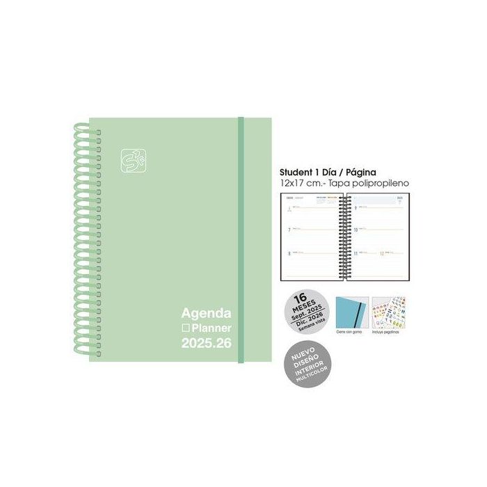 Agenda Anual (2025-26) Senfort 16 Meses Iki Unicolor Espiral Tapa Pp Con Goma 155X215 S/V Pastel Verde