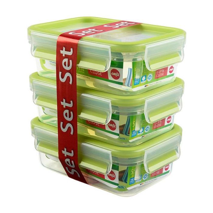 Emsa CLIP & CLOSE 2.0 Set 3 Recipientes Herméticos Rectangulares 0.55L Transparentes Aptos Microondas y Congelador 1