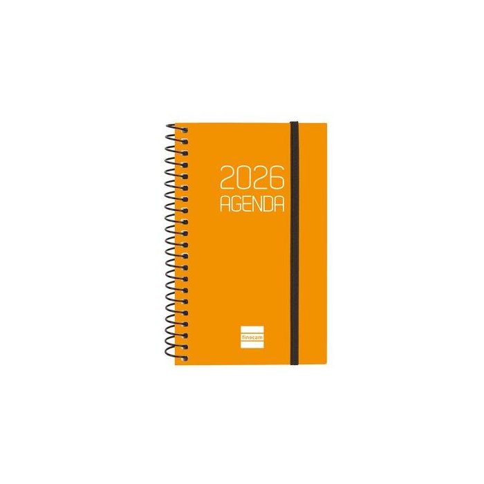 Finocam E3-79x127 mm Agenda Espiral Opaque Día Página Mini Naranja 2026 Tapa PP Ligera con Goma Elástica y Esquinas Microperforadas