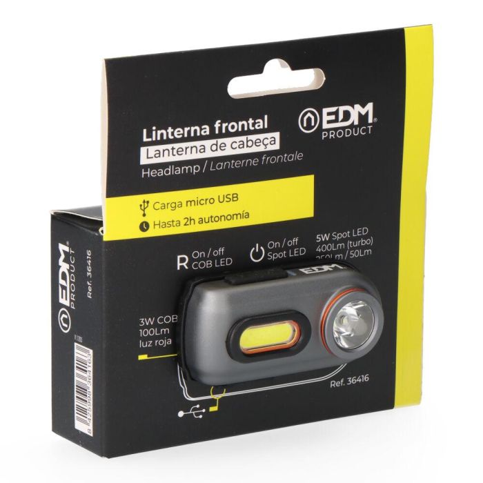 Edm Linterna Frontal Recargable USB 2 Leds 5W 400lm y 3W 100lm, Aluminio, Incluye Cable Micro USB y Cinta Ajustable 4 Edm Linterna Frontal Recargable USB 2 Leds 5W 400lm y 3W 100lm, Aluminio, Incluye Cable Micro USB y Cinta Ajustable 4