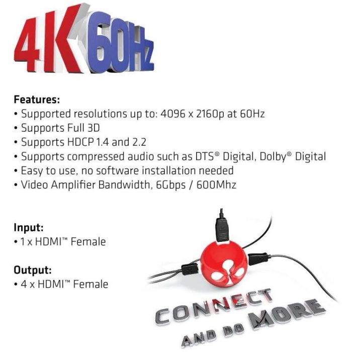 Club3D CSV-1380 HDMI Splitter 1x4 4K 60Hz UHD HDMI 2.0a para Televisor/Monitor, Negro, Metálico 5 Club3D CSV-1380 HDMI Splitter 1x4 4K 60Hz UHD HDMI 2.0a para Televisor/Monitor, Negro, Metálico 5