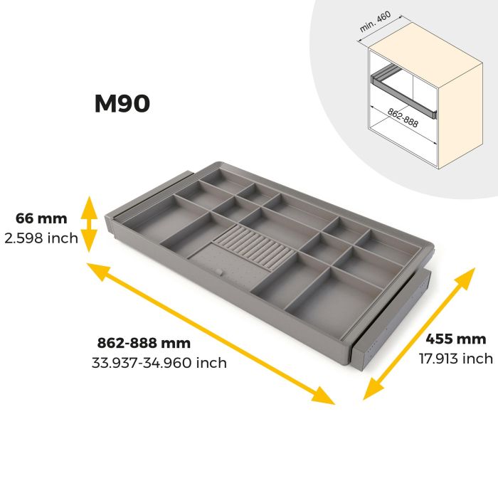 Emuca Kit de cajón organizador y bastidor regulable Quartz para armarios, guías de cierre suave y extracción total, Módulo 90cm, Acabado Titanio 10