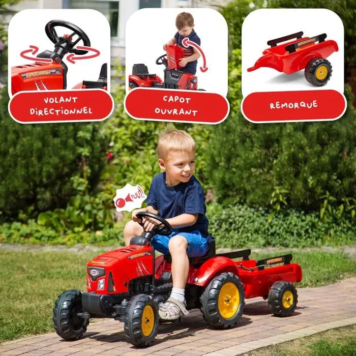 Falk Tractor de pedal Supercharger rojo 2-5 años con capó de apertura y remolque incluido 2