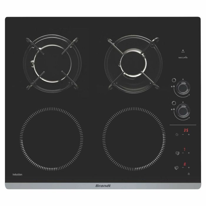 Brandt BPI6413BM Placa de Cocción Mixta Inducción y Gas, 4 Zonas, 51x58 cm, Vidrio Negro, 9 Posiciones, Seguridad Termopar