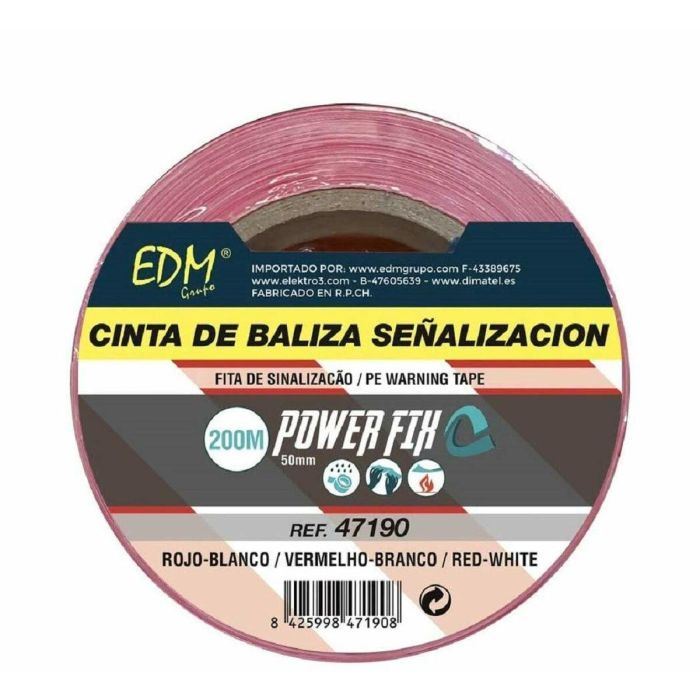 Edm Cinta de Baliza Blanca/Roja 50 mm x 200 m Resistente a la Intemperie Señalización Obras Pvc
