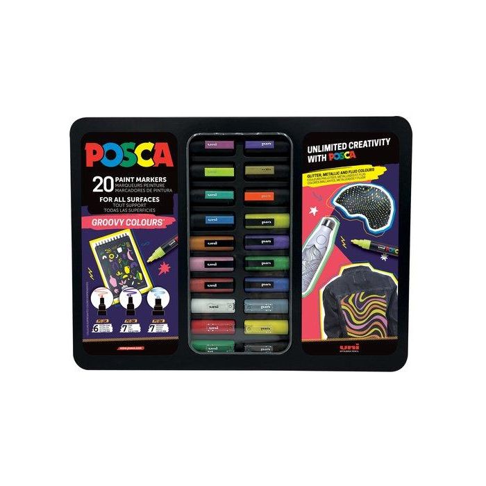 Posca PC1M, PC3M, PC5M Rotulador marcador de pintura punta cónica Maletín metálico 20 unidades Groovy Colours surtidos