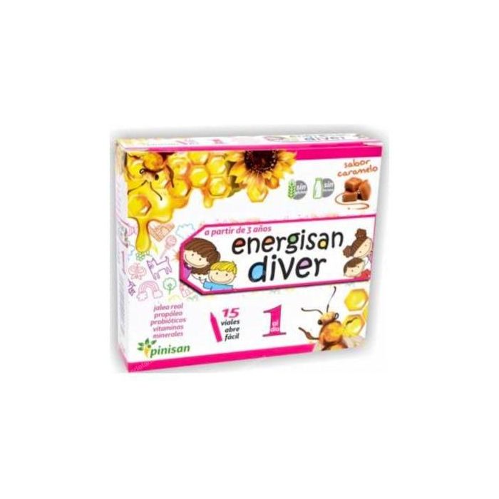PINISAN Energisan Diver 15 Viales - Reduce Cansancio y Fatiga con Propóleo, Probióticos y Vitaminas C y B - Sabor Caramelo, Sin Gluten ni Lactosa