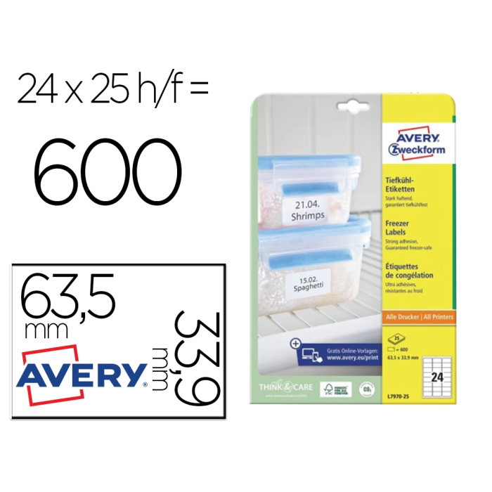 Avery Etiquetas Adhesivas para Congelador Blancas 63,5 x 33,9 mm Ink-jet Láser Fotocopiadora Pack 600 Unidades 0 Avery Etiquetas Adhesivas para Congelador Blancas 63,5 x 33,9 mm Ink-jet Láser Fotocopiadora Pack 600 Unidades 0