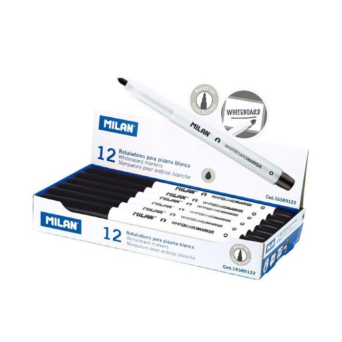 Caja de 12 rotuladores negros ø3,7mm para pizarra blanca milan Caja de 12 rotuladores negros ø3,7mm para pizarra blanca milan