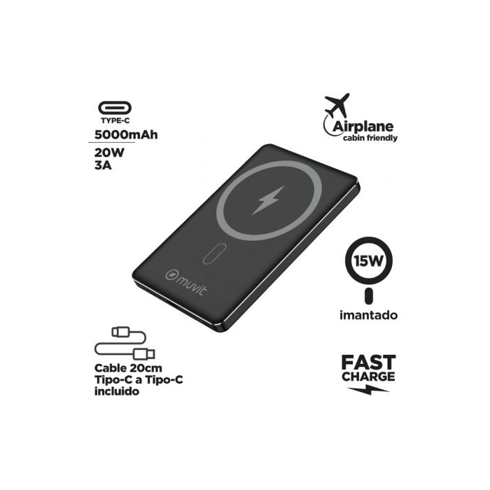 Muvit For Change MCCHP0009 Powerbank 5000mAh 20W Wireless Negra con Cable USB Tipo-C 1