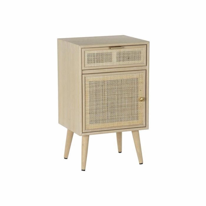 DKD Home Decor Mesita de Noche Scandi Rejilla Natural Marrón Claro Dorado, Madera Paulownia y MDF, 1 cajón y 1 puerta, 42.2x37x70 cm