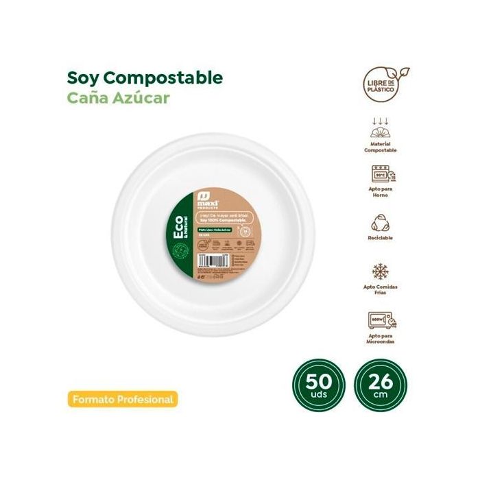 Maxi Products Plato Llano Compostable de Caña de Azúcar Blanco Ø26 cm - Apto Horno/Microondas - Pack 50 Unidades