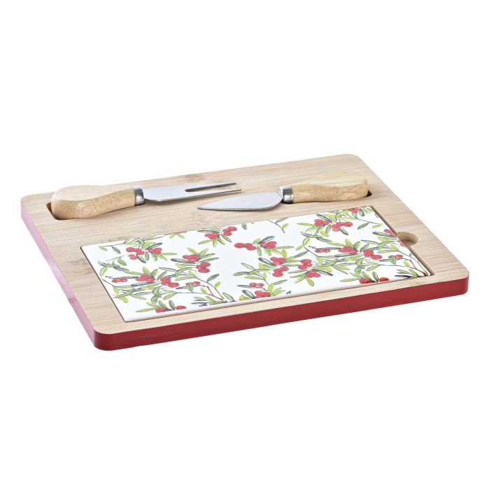 DKD Home Decor Tabla Aperitivo Navidad Tradicional, Bambú y Gres, Rojo Natural Blanco, 20x24.5x1.2 cm, Set 4 Piezas