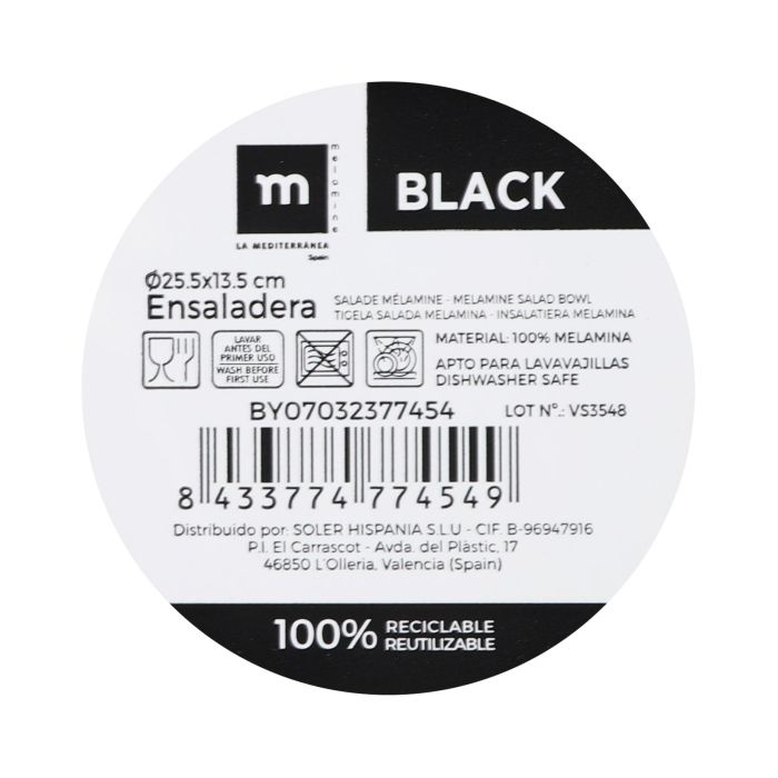 Ensaladera Melamina Black 25.5x13.5 cm La Mediterranea (8 Unidades) 1 Ensaladera Melamina Black 25.5x13.5 cm La Mediterranea (8 Unidades) 1