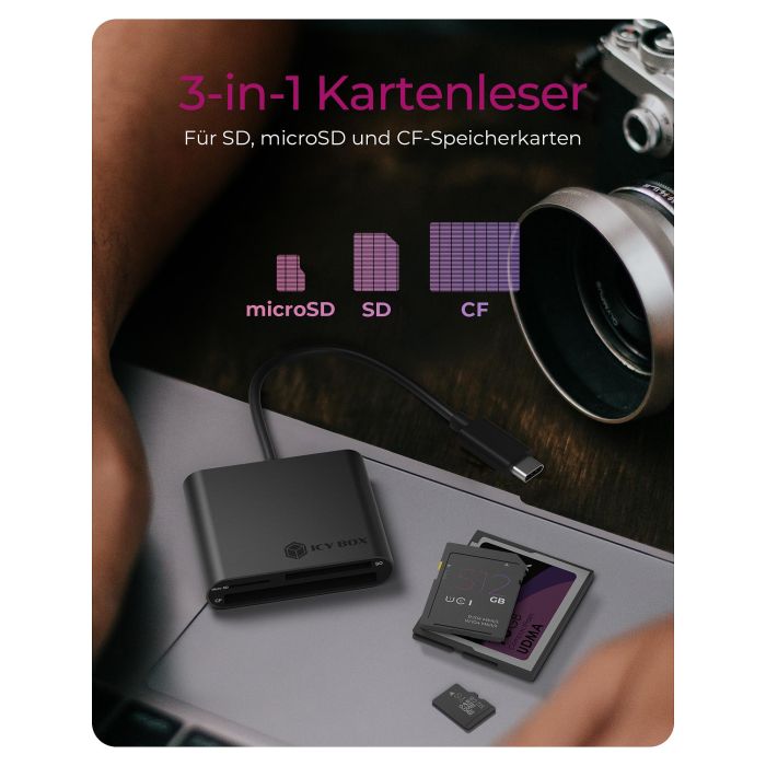 ICY BOX IB-CR301-C3 Lector de Tarjetas Externo USB 3.2 Gen 1 Type-C para CF, SD, MicroSD | Aluminio | Plug & Play 1