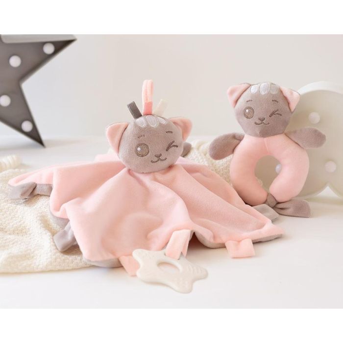 KioKids Set Doudou y Sonajero Gatito Rosa Suave, para Bebé +0 Meses con Mordedor y Sonidos, ayuda a conciliar el sueño