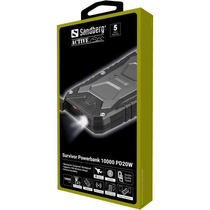 Sandberg Survivor Powerbank 10000 mAh PD20W, Batería Externa Impermeable y Resistente, Carga Rápida Qi Inalámbrica para Smartphones y Dispositivos 7