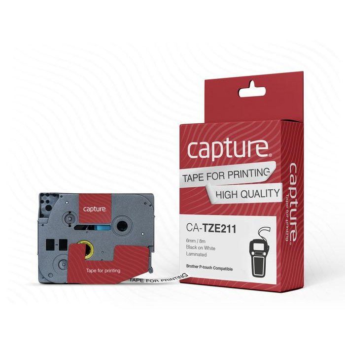 Capture TZE211 P-Touch compatible 6 mm x 8 m, Glossy Black on White Tape Capture TZE211 P-Touch compatible 6 mm x 8 m, Glossy Black on White Tape