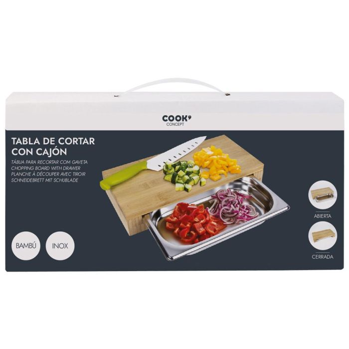 Cook Concept Tabla Cortar con Cajón de Acero Inoxidable y Bambú Cocina 32,5x16,5 cm 1