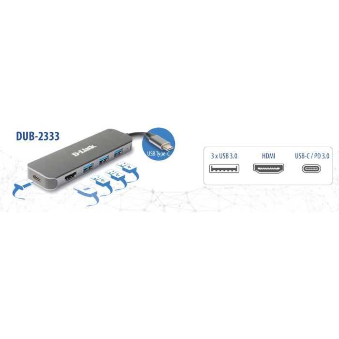 D - Link Dub - 2333 Docking Station USB Tipo C con 4K Ultra HD, 3 Puertos USB 3.2 Gen 1, HDMI 1.4, Compatible con Windows y Mac 2