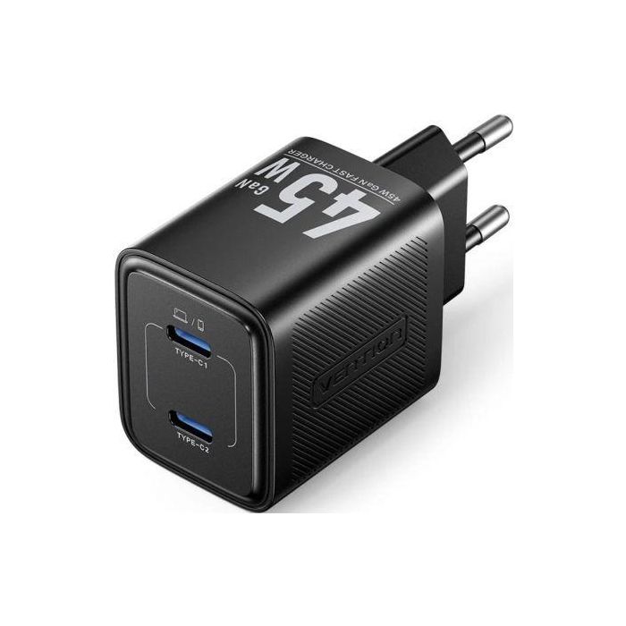 Vention FEFB0-EU Cargador de Pared GaN 2xUSB Tipo-C 45W para carga rápida de dispositivos móviles