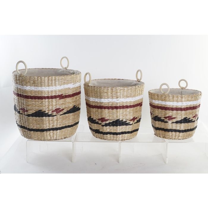 DKD Home Decor Cestas Coloniales Set de 3 - Fibra y Poliéster, Tonalidades Natural Granate, Medidas 38x36x38 cm DKD Home Decor Cestas Coloniales Set de 3 - Fibra y Poliéster, Tonalidades Natural Granate, Medidas 38x36x38 cm