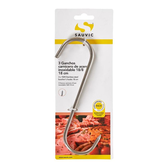 Sauvic Gancho carnicero acero inoxidable 18/8, 18 cm x 5 mm, blister 3 unidades