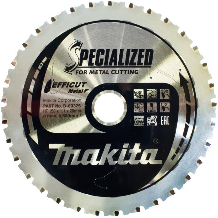 Makita B-69325 EFFICUT Hoja de Sierra Circular para Metal 150x20mm 33 Dientes 1.1mm Ancho de Corte 3.3cm 4680 RPM