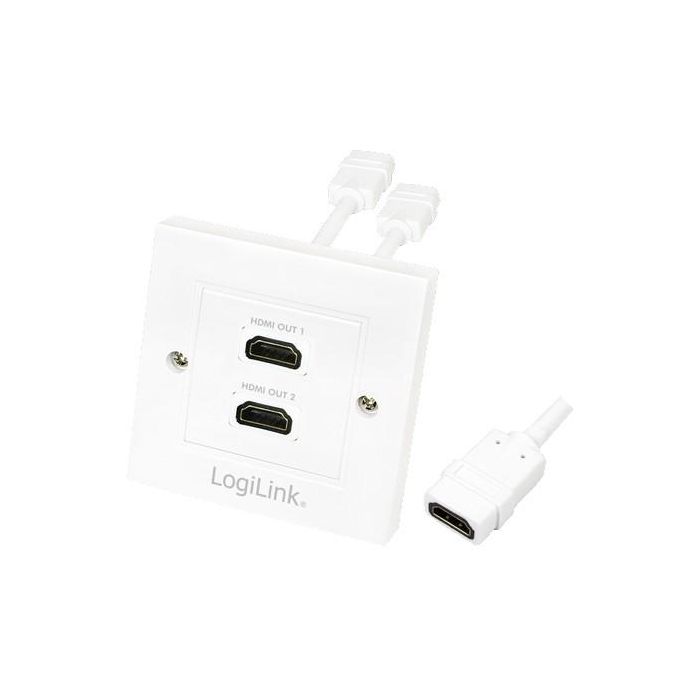 LogiLink AH0015 - Adaptador HDMI de Pared, 2 Puertos, Tipo A Estándar Hembra a Hembra, Contactos Dorados, Blanco