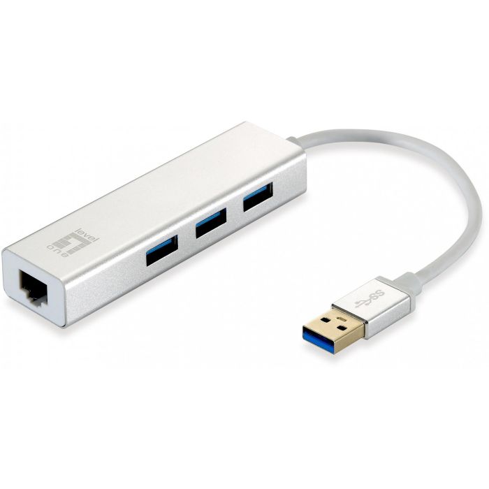 LevelOne USB-0503 Adaptador USB 3.0 a RJ45 Gigabit Ethernet con 3 Puertos USB 3.0 Hub, Plata/Blanco