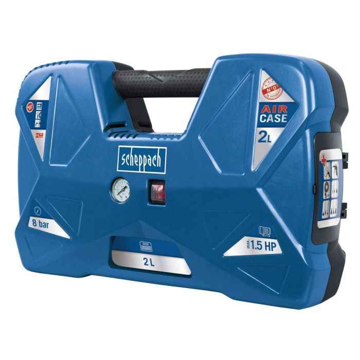 Scheppach Compresor portátil AIR CASE 2L 1100W 8 bares con 12 accesorios, pistola de aire y manija de inflado 8 Scheppach Compresor portátil AIR CASE 2L 1100W 8 bares con 12 accesorios, pistola de aire y manija de inflado 8