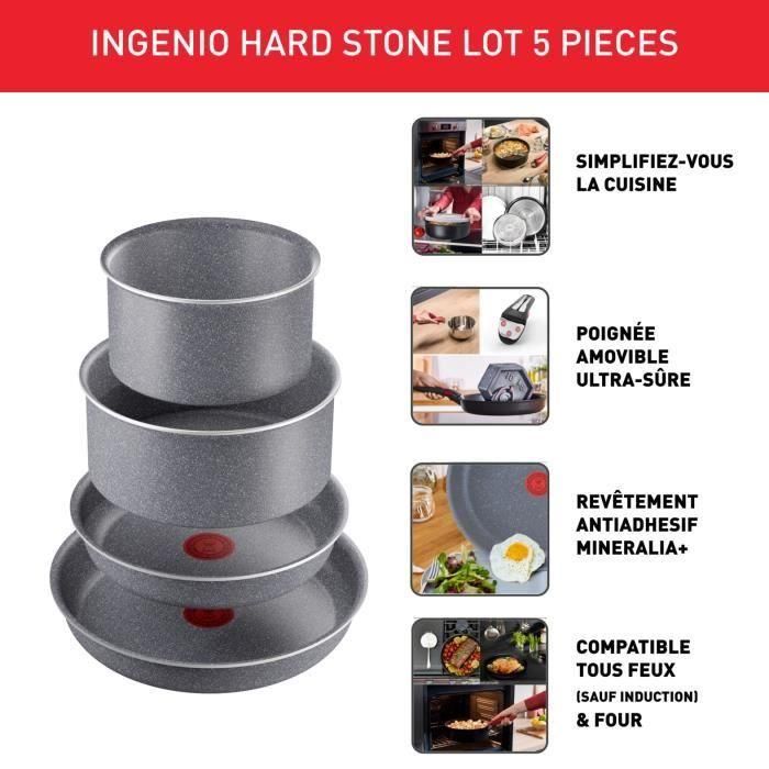 TEFAL INGENIO Hard Stone Set de 5 piezas, Sartenes 22/26 cm, Cacerolas 16/20 cm, Mango extraíble, No Inducción, Antiadherente L4409002 1