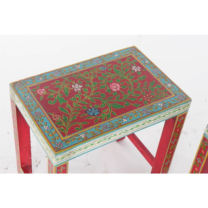 DKD Home Decor Rk 2021 Mesita Auxiliar Indio Natural Multicolor Mango Acrilico Pintado a Mano 30 x 45 x 45 cm Set de 2 1