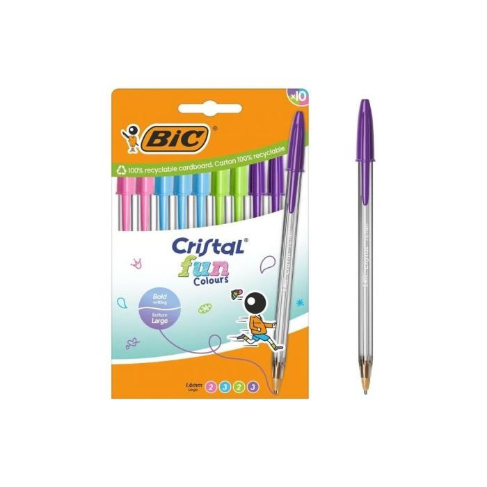 Bic Bolígrafos Tinta Aceite Cristal Fun 524176 Punta Ancha 1.6mm Colores Surtidos Pack 10 Unidades