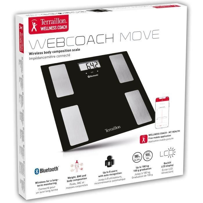 TERRAILLON 14712 Medidor de impedancia conectado Web Coach Move - Análisis de masa corporal - bandeja de vidrio - 8 memorias