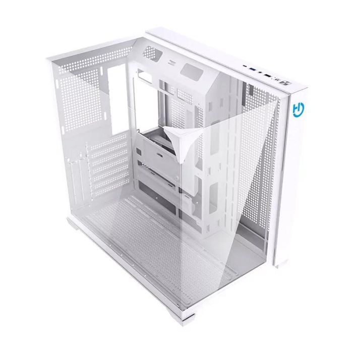 Hiditec CHA010057 Caja Gaming Semitorre SKY Blanco con 3 Paneles de Cristal Templado, Doble Cámara, Soporte Refrigeración Líquida 360mm y USB-C ATX 2