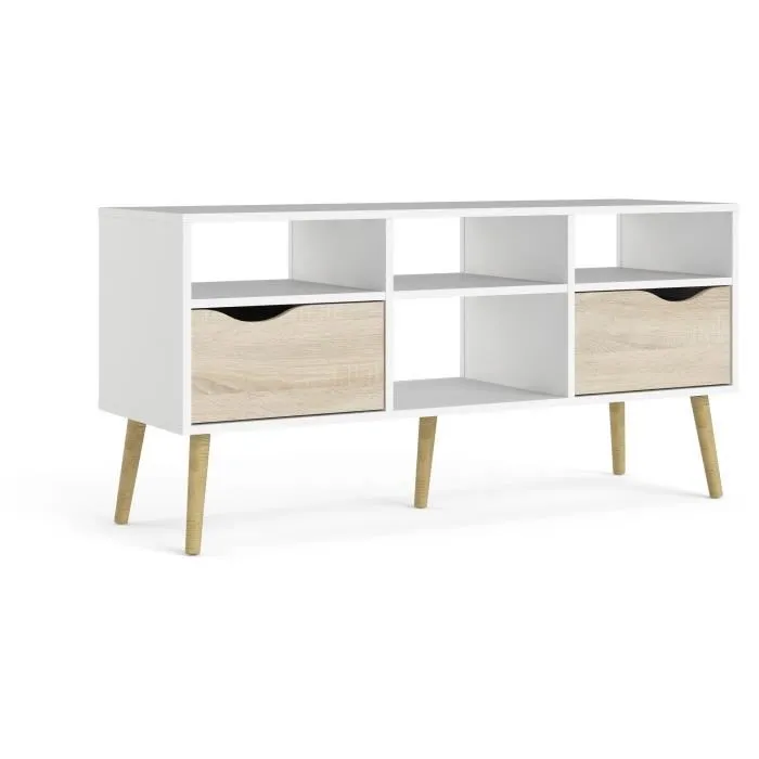 TVILUM 7539149AK Mueble TV Blanco/Roble con 4 Nichos y 2 Cajones - 117,2 x 39,1 x 57,4 cm 0 TVILUM 7539149AK Mueble TV Blanco/Roble con 4 Nichos y 2 Cajones - 117,2 x 39,1 x 57,4 cm 0