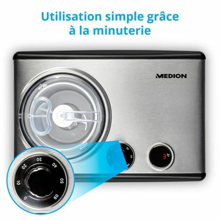 MEDION Heladera y yogurtera eléctrica de aluminio con compresor, máquina para hacer helados con una capacidad de 1,5 litros (corresponde a 1