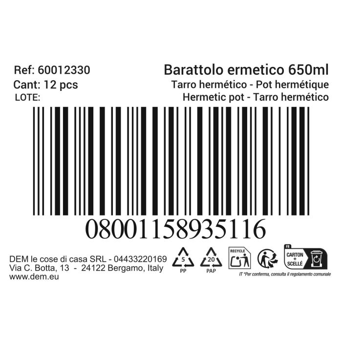 Tarro Hermetico 0,65L Beclassic (12 Unidades) 1 Tarro Hermetico 0,65L Beclassic (12 Unidades) 1