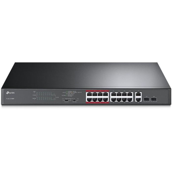 TP-Link TL-SL1218MP Switch PoE No Administrado 16 Puertos PoE+ Gigabit, 192W, Alcance Extendido 250m para Vigilancia IP, Rack 1U Negro