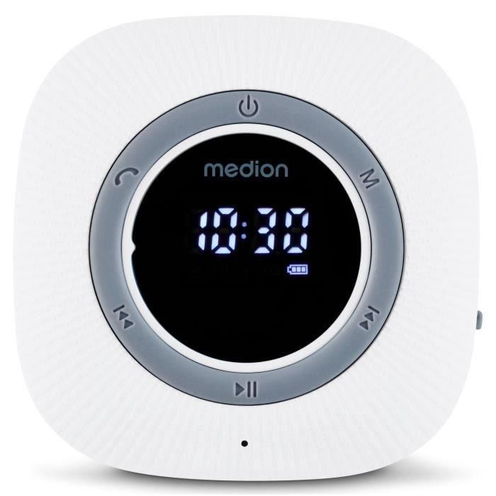 Medion MED1737362723132 Radio de Ducha FM Bluetooth IPX6 con Soporte de Ventosa, Blanco