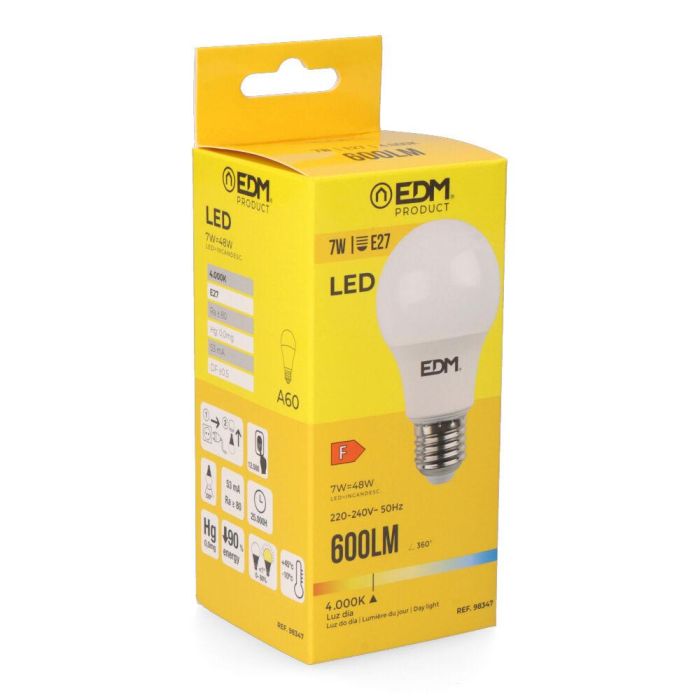 Bombilla standard led e27 7w 600lm 4000k luz dia ø6x10,8cm edm 1