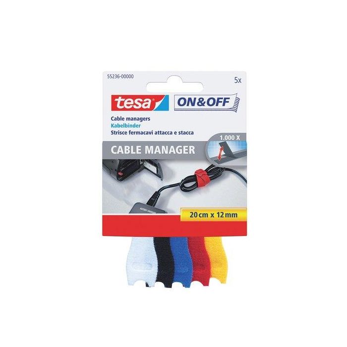 Tesa Administrador de Cables On&Off Reutilizable 12 mm x 20 cm para Organización de Cables de Audio, Video y Alimentación