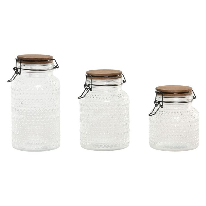 DKD Home Decor Botes de Almacenamiento de Cristal y Acacia Transparente/Natural 1.2L/950ml Set de 3 Aptos Lavavajillas 12x20.5x12cm