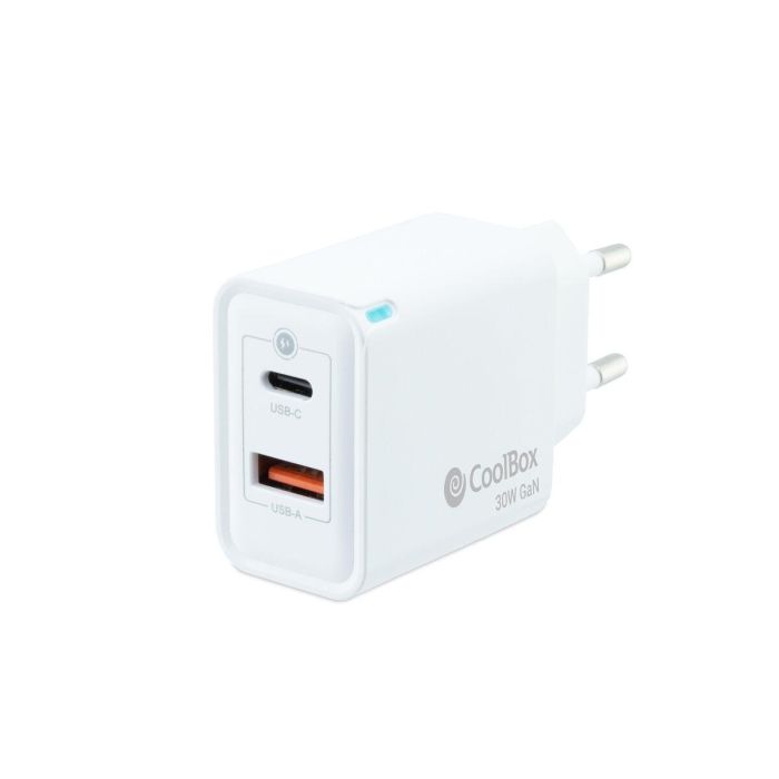 Coolbox Cargador USB Pared 30W con USB-C y USB-A, Carga Rápida GaN Coolbox Cargador USB Pared 30W con USB-C y USB-A, Carga Rápida GaN