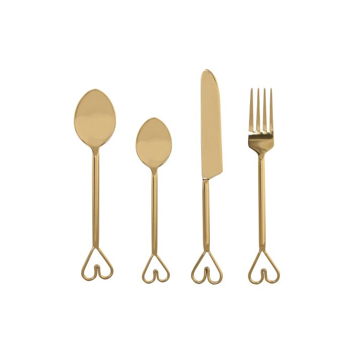 DKD Home Decor Cubertería Glam Acero Inoxidable Dorado, Set de 16 Piezas, Diseño Corazón, Apto Lavavajillas