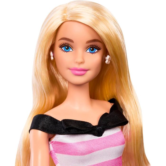 Barbie Muñeca 65 Aniversario Hth66 Mattel Vestido Rayas Rosas Blancas Lazo Negro Pendientes Perlas Tacones 3