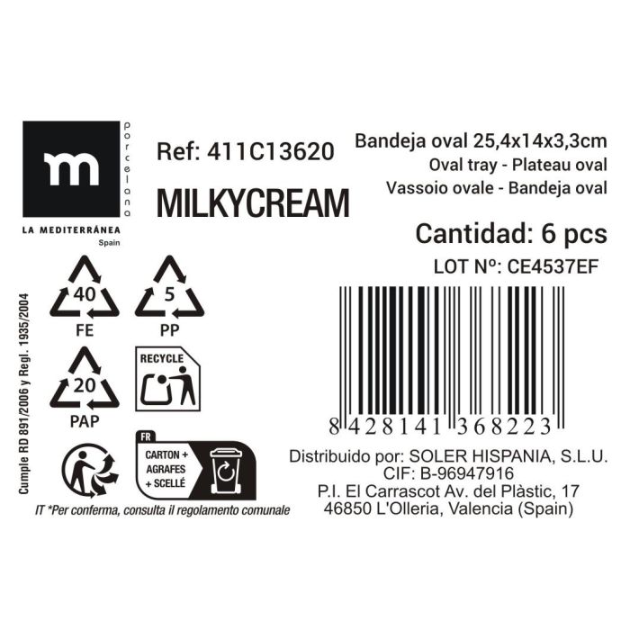La Mediterranea - Bandeja de Servir Ovalada 25 cm x 14 cm x 3.3 cm, Color Milkycream, Material Melamina (12 Unidades)