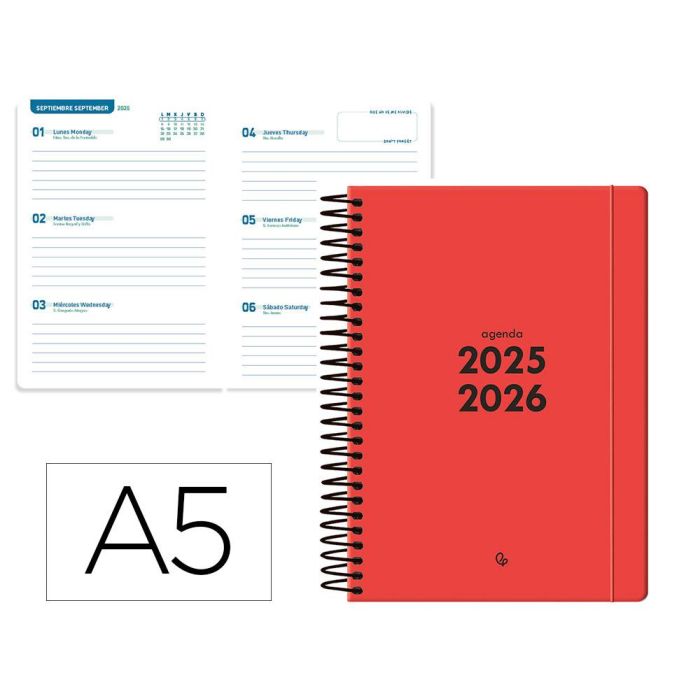 Agenda Escolar Liderpapel 25-26 Espiral Basic Rojo Semana Vista A5 Bilingüe Papel Fsc 70 gr Agenda Escolar Liderpapel 25-26 Espiral Basic Rojo Semana Vista A5 Bilingüe Papel Fsc 70 gr